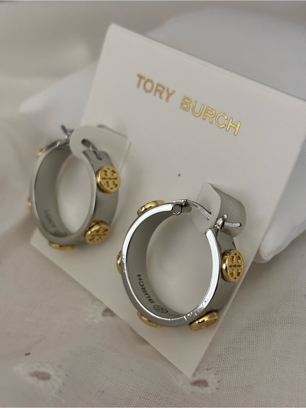 Tory Burch Two-Tone Logo Accent Hoop Earrings in Silver & Gold